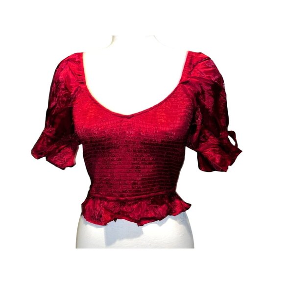 Band of the Free NWT Lea Rhubarb Smocked Crop Top Sz Lar Red Rhubarb Puff Sleeve - Picture 5 of 14